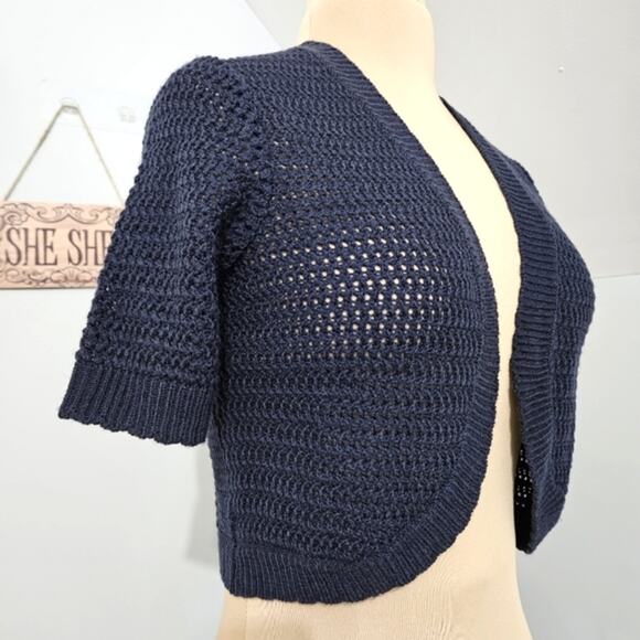 Vicki Wayne Navy Blue Cropped Cocoon Knit Open Shrug Cardigan Size Small - Picture 5 of 10